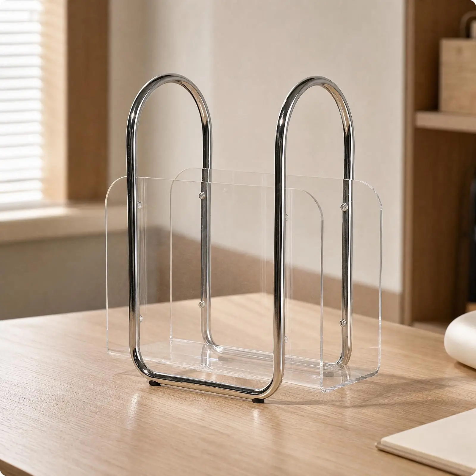 Space Saving Acrylic Bookcase Transparent Book Holder Desk Organizer for Office Bedroom Slim Bookshelf with Metal Frame