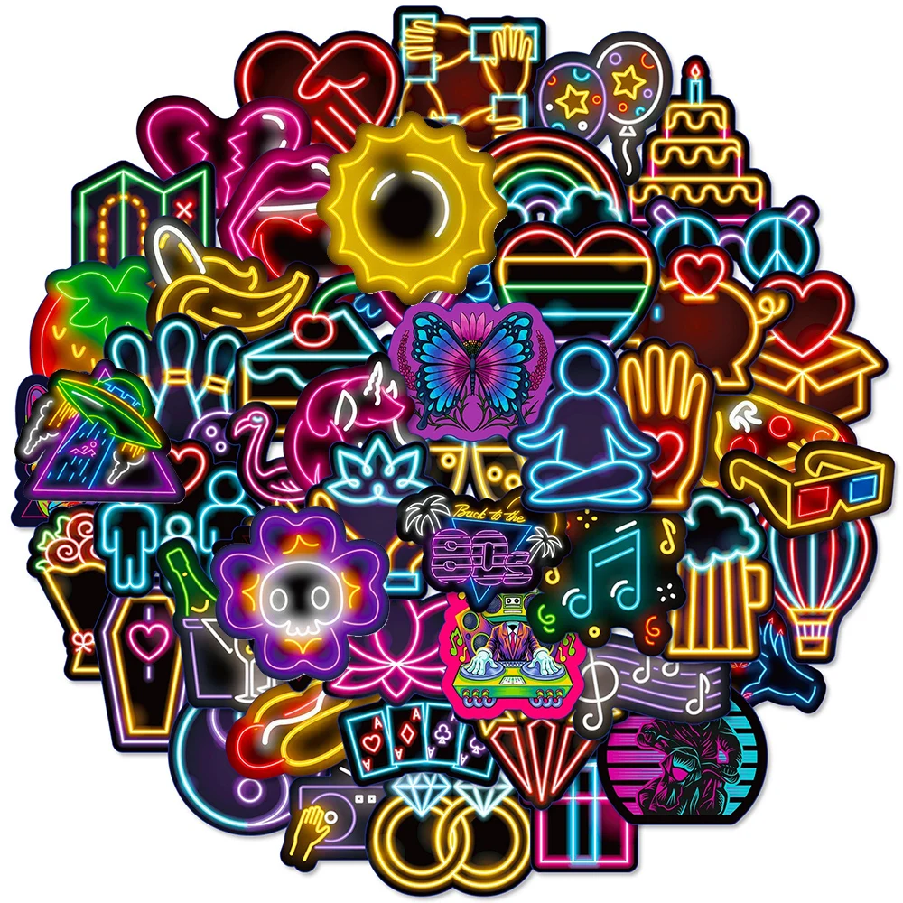 10/30/50pcs Cool Neon Light Graffiti Stickers Cartoon Decoration Sticker for Motorcycle Guitar Notebook Funny Waterproof Decals