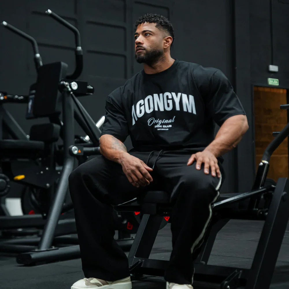 Herren Oversize-T-Shirts aus schwerer Baumwolle mit AGONGYM-Grafikdruck, Fitness-Streetwear, lockerer Rundhalsausschnitt, Kurzarm, Workout-Freizeitshirt – Detail 2