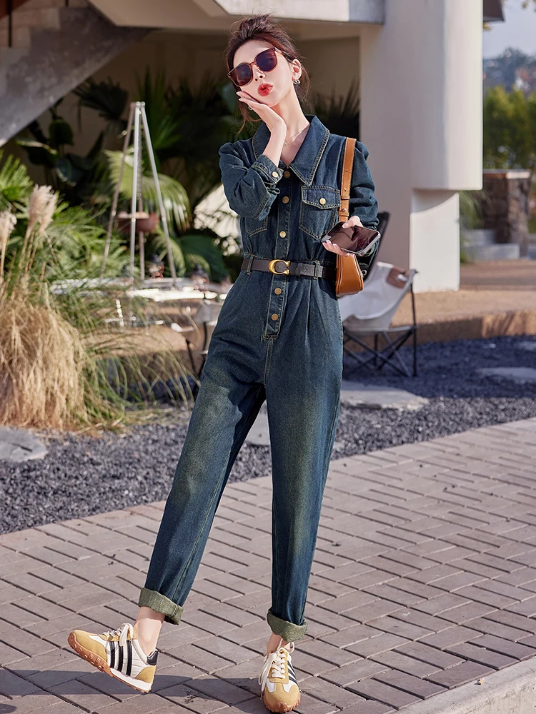 

Джинсовый костюм с высокой талией для женщин: винтажный рабочий стиль, воротник-стойка, длинные брюки, хлопок, для повседневной носки, эксклюзивно онлайн