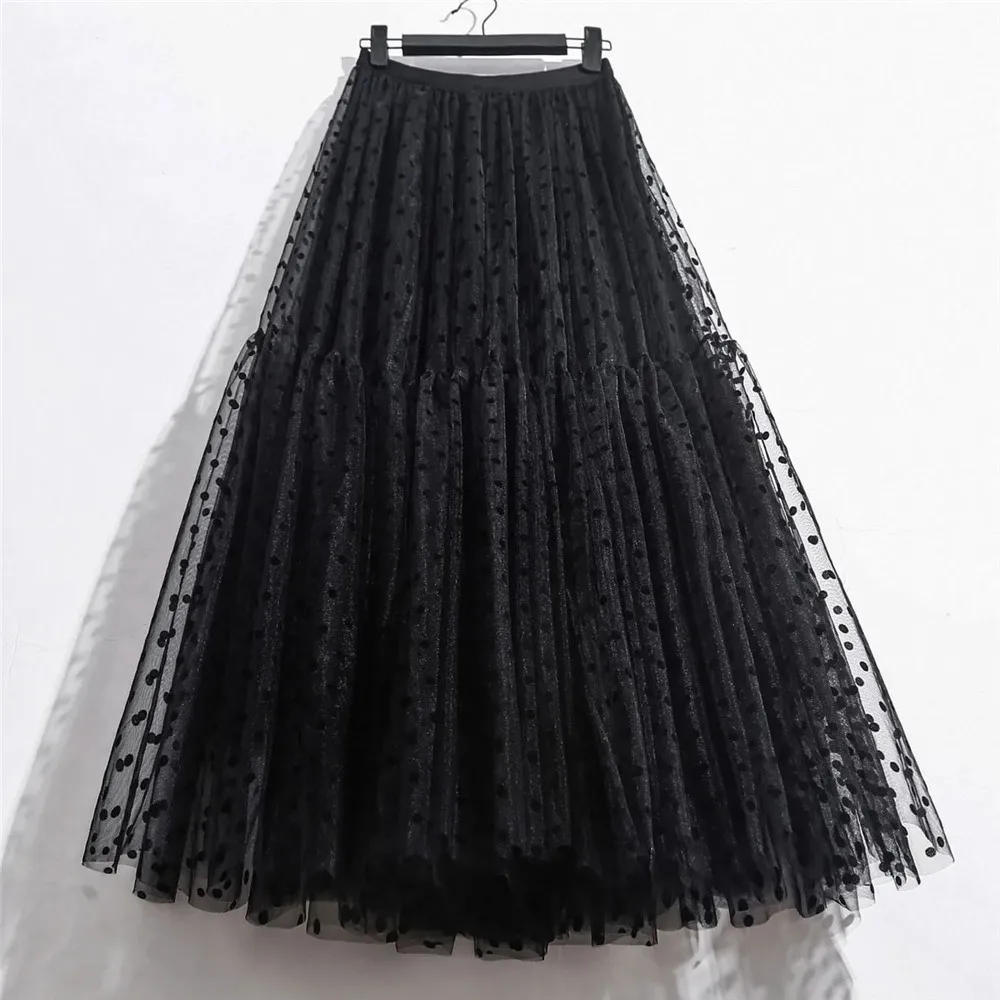 Elegant Polka Dot Tulle Skirts Women Casual Mesh Elastic High Waist A-Line Skirt Female Party Beach Princess Midi Pleated Skirt