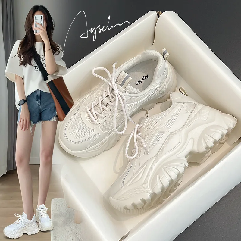 

8cm Genuine Leather Synthetic Platform Sneakers Chunky Hidden Heel Women Casual Females Autumn Women Shoes white sneakers