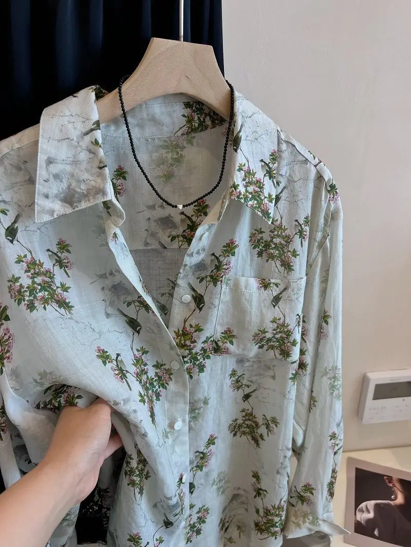 

Корейская модная блузка с принтом растений и птиц, женская тонкая дышащая рубашка больших размеров, повседневные свободные солнцезащитные рубашки с цветочным принтом для женщин