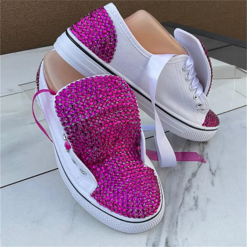 White low top purple rhinestone ribbon accessories custom style canvas shoes integrated sports casual shoes women\'s shoes 35-46