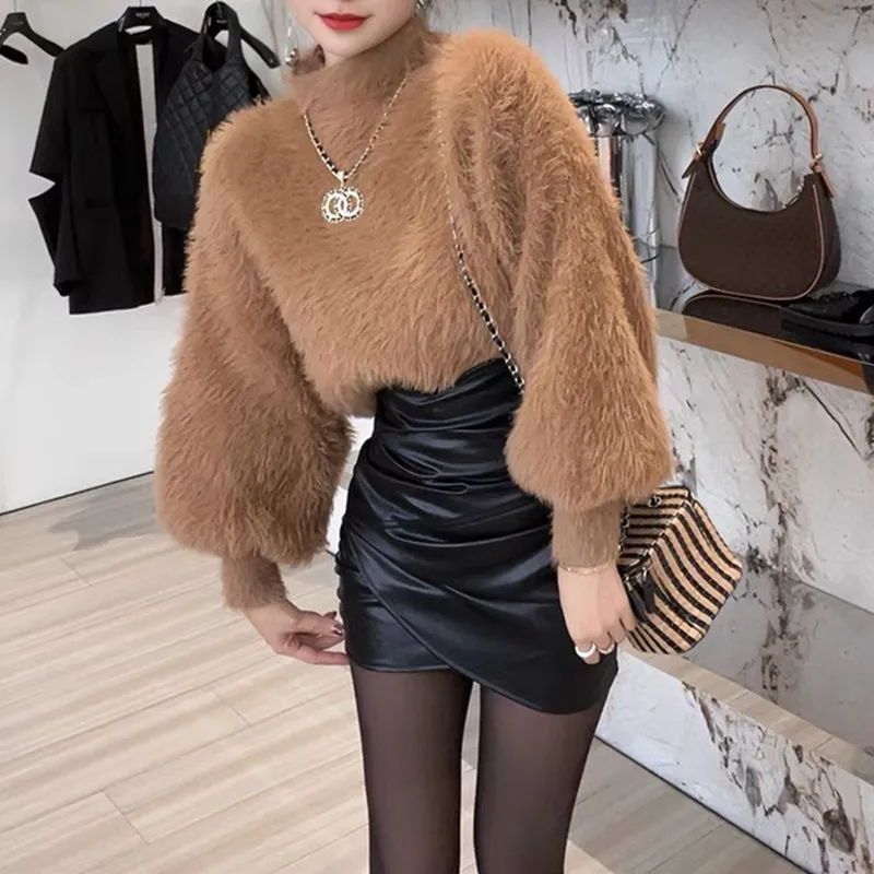 Premium-Strickpullover mit hohem Kragen und modischem Ganzjahres-Nerzfell für Damen, langer Sve-warmer, verdickter Wintermantel