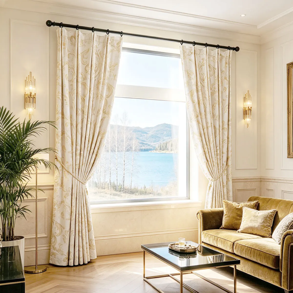 Cream Velvet Pencil Pleat Curtains Set of 2 Golden Foil Floral Drape Four Prong Hook Luxury Curtain For Bedroom Living Room