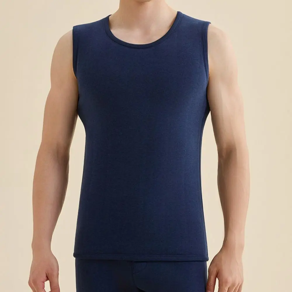 

Sleeveless Men's Velvet Vest Thicken Top Solid Color Warm Base Wool Vest Round Neck Plus Size Winter Thermal Vest Streetwear
