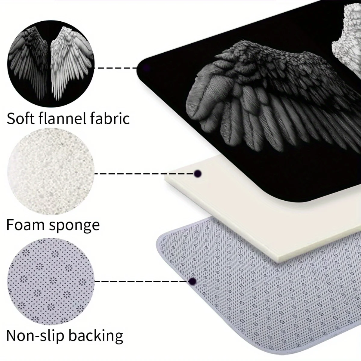 Pure Black Base Monochrome Angel Wing Feather Art Floor Runner Rug, washable mat for bedroom entry daily modern home decoration