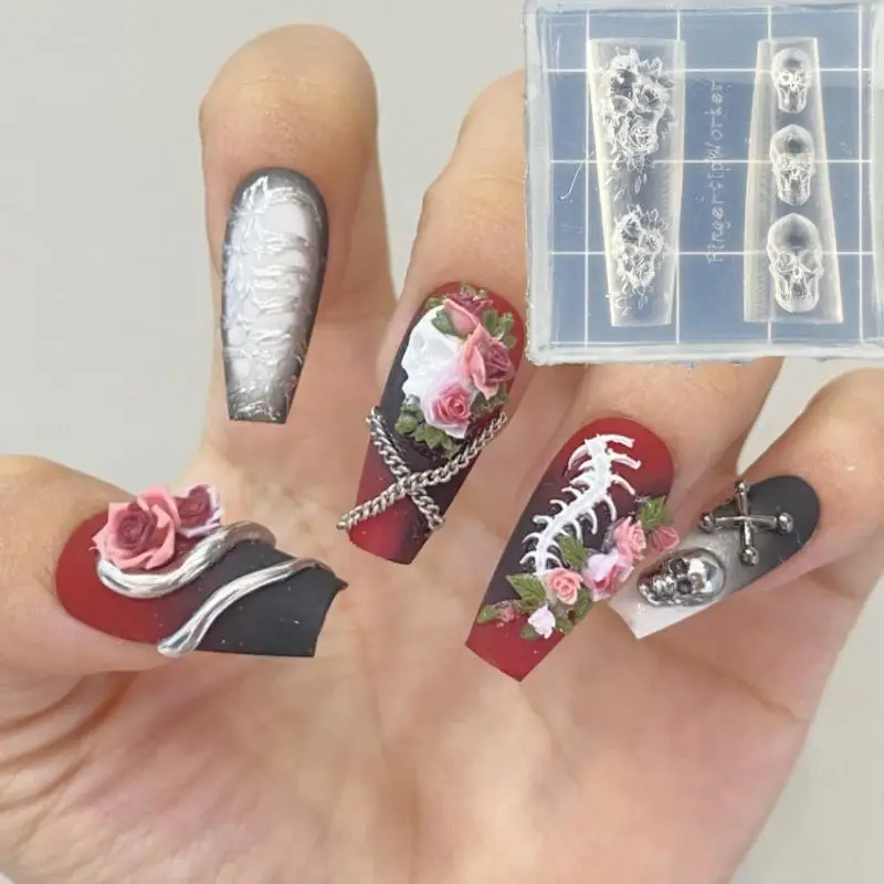 DIY Transparent Template Nail Art Decoration Manicure Design Tool Rose Skull 3D Silicone Nail Art Mold Flower Floral
