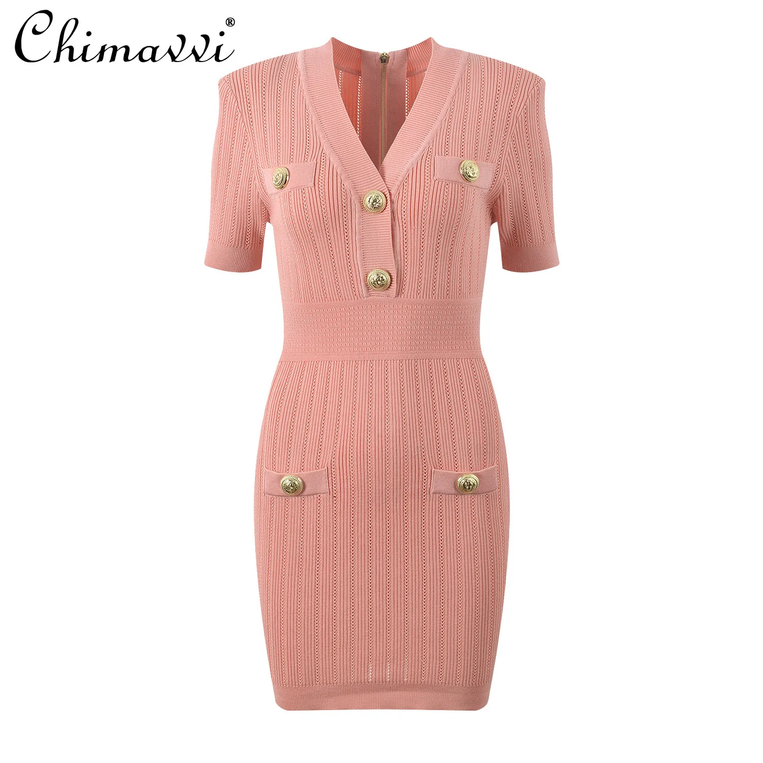 

French Fashion Metal Buckle Luxury Elegant Short Dress 2024 Autumn New V-neck Short Sleeve Slim Thin Knitted Dresses for Women