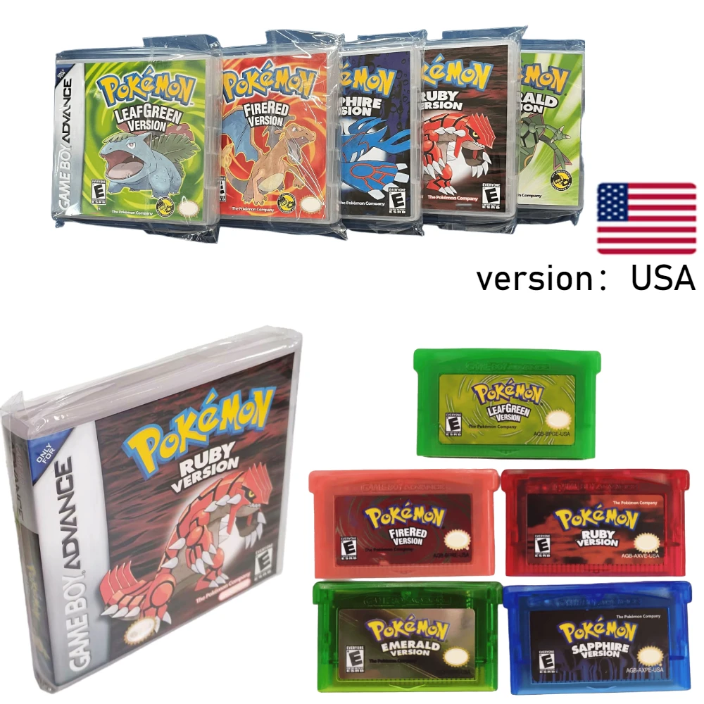 

New USA Pokemon Series Emerald FireRed Leafgreen Ruby Sapphire 5 Versions GBA Game in Box for 32 Bit Video Game Cartridge