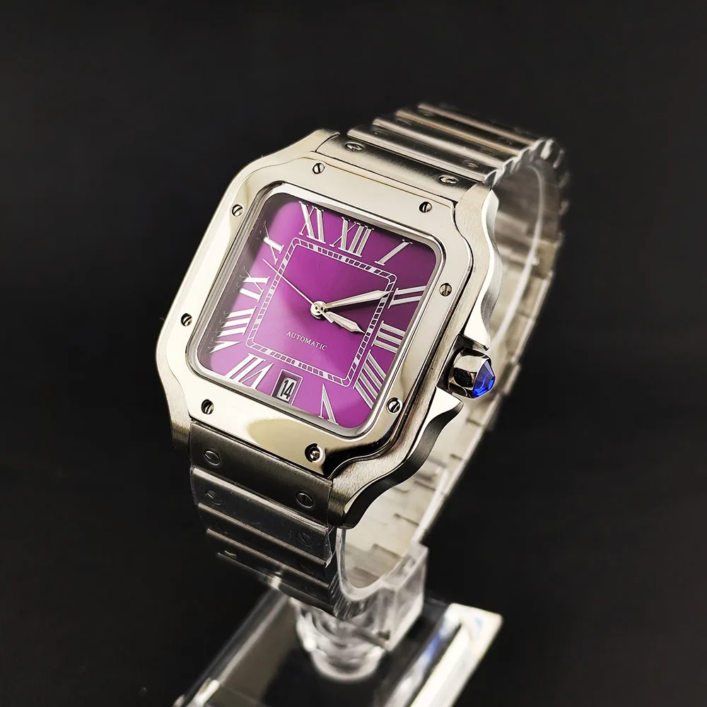 NH35 watch square dial purple dial men's stainless steel automatic watch suitable for NH35 movement watch accessories