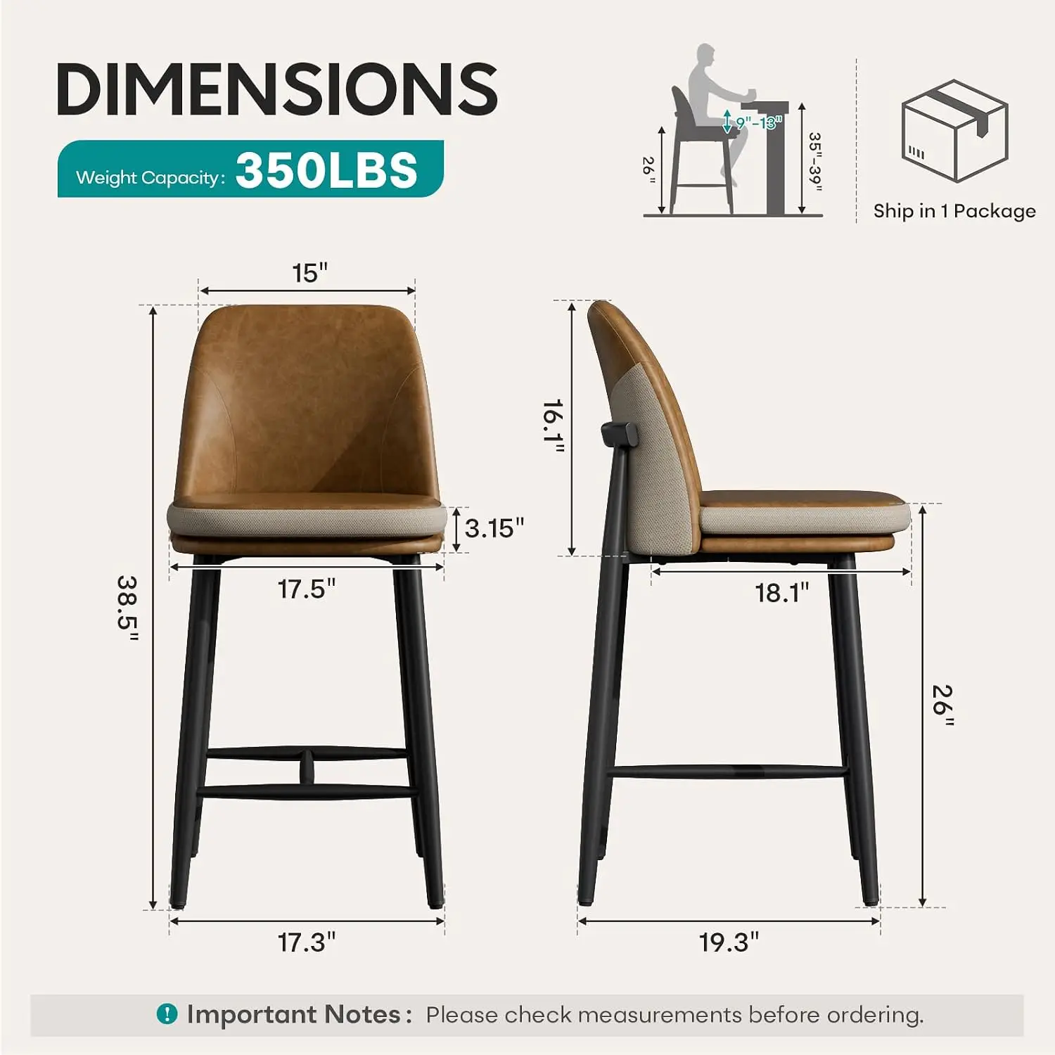 Set of 2 Brown Counter Height Bar Stools, 26 Inch PU Leather Bar Chairs, Thick Cushioned Seat, Ergonomic Backrest