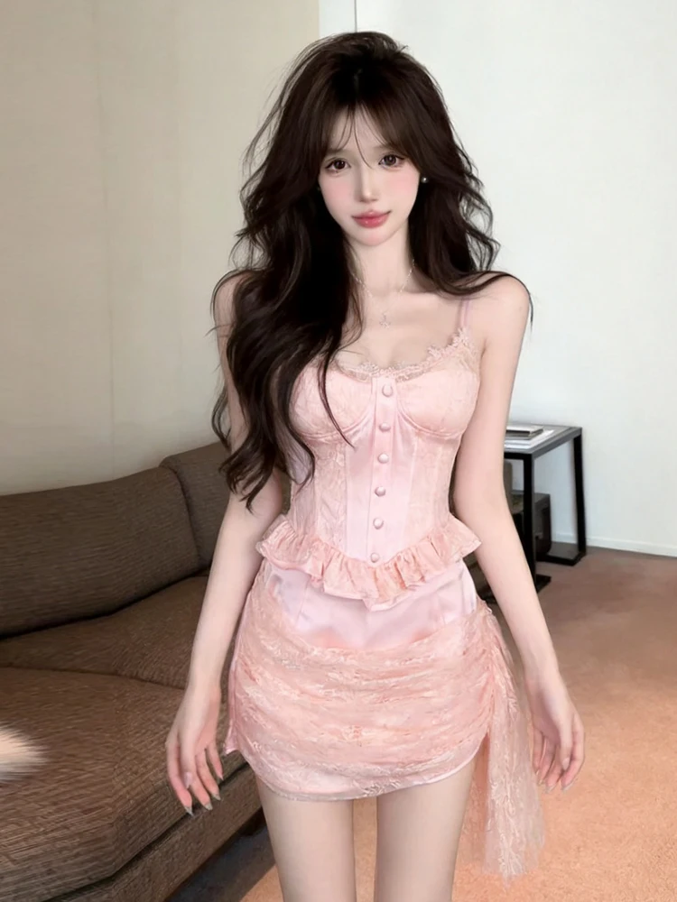 

Sweet Retro Lady Light Luxury Waist Cinching Lace Trim Belted Strap Top And Short Skirt Set Women's Fashion Summer Outfits