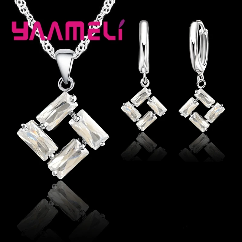 Romantic 925 Sterling Silver Square White Zircon Crystal Pendant Necklace Earrings Jewelry Sets Women Wholesale