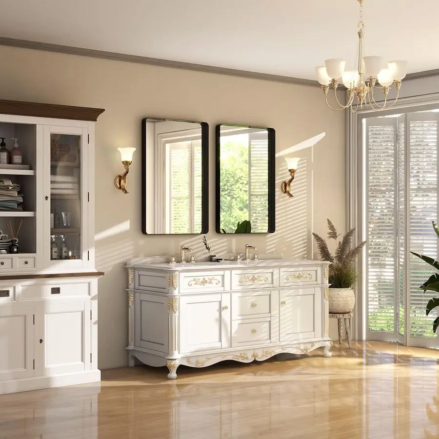 Inch Black Bathroom Mirror Modern Black Rectangle Mirror for Wall with Rounded Corners, Bathroom Mirrors for Vanity, Aluminum Al