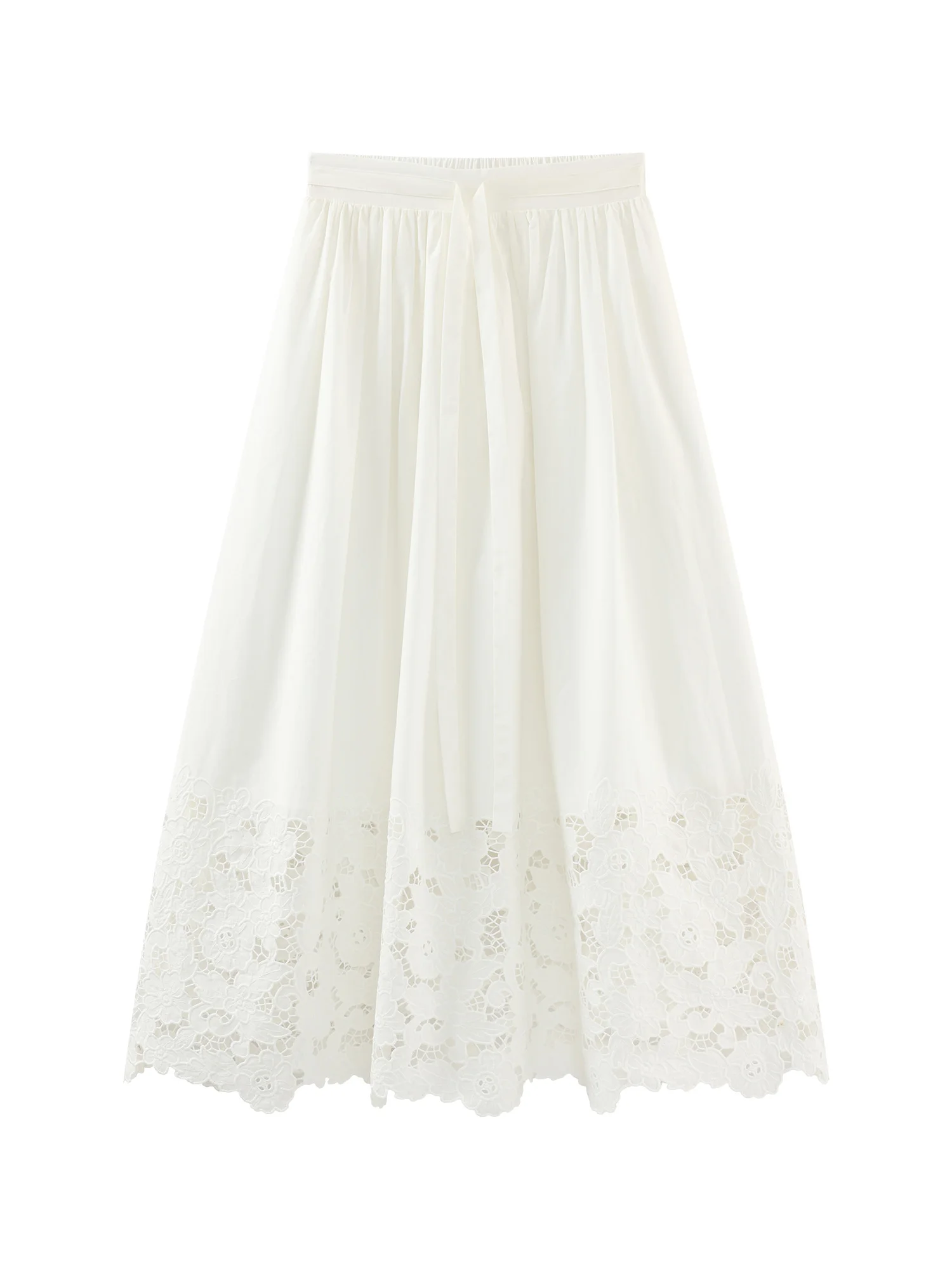 Jupe mi-longue trapèze blanche élégante pour femmes, taille haute, broderie creuse, ourlet en dentelle, Style coréen, tenue Chic décontractée pour filles, été