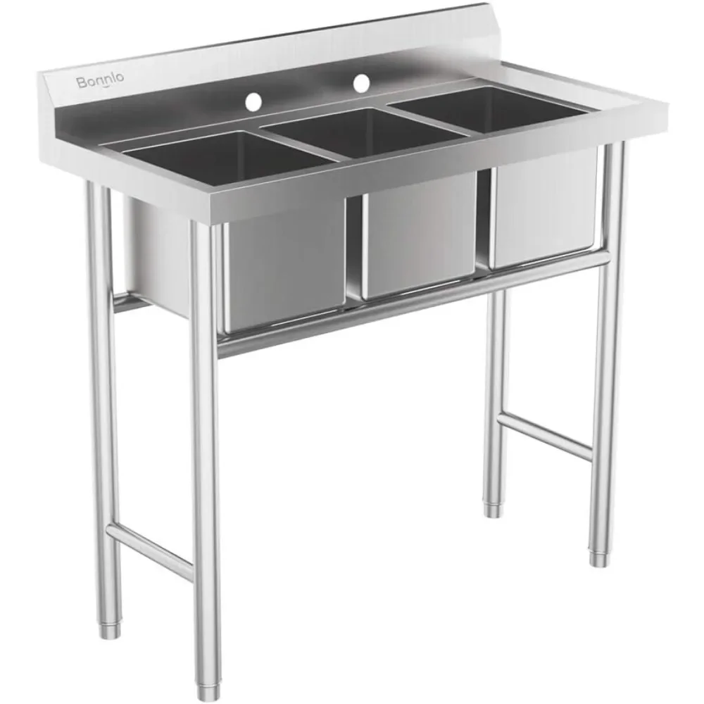 3-Compartment 304 Stainless Steel Utility Sink Commercial Grade Laundry Tub Culinary Sink for Outdoor Indoor