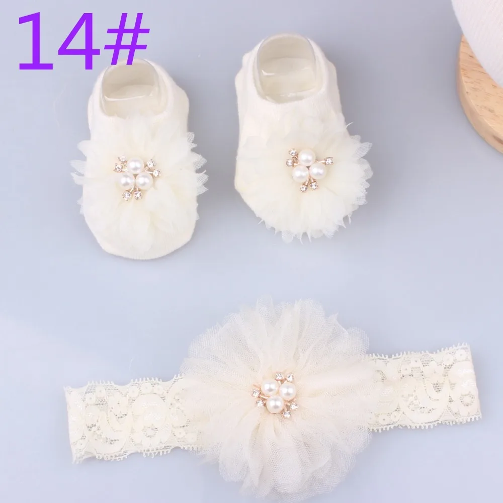 

Kawaii Cotton+Lace Baby Headband Socks Set Pearl Bows Comfortable Baby Turban Socks Anti-slip Girl Hair Accessories