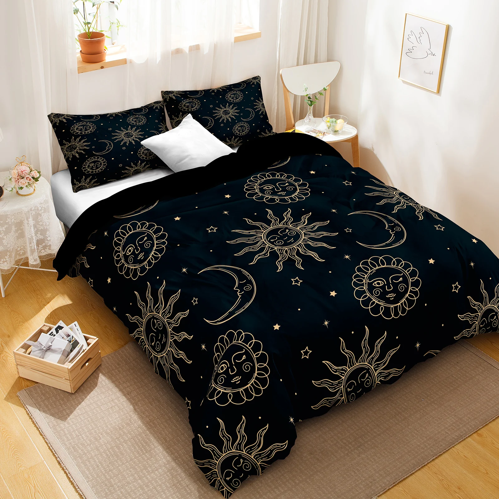 Moon Star Sun Printed Duvet Cover Set Universe Bedding Set Black Mysterious Comforter Cover Set Modern Bed Cover for Boys Home