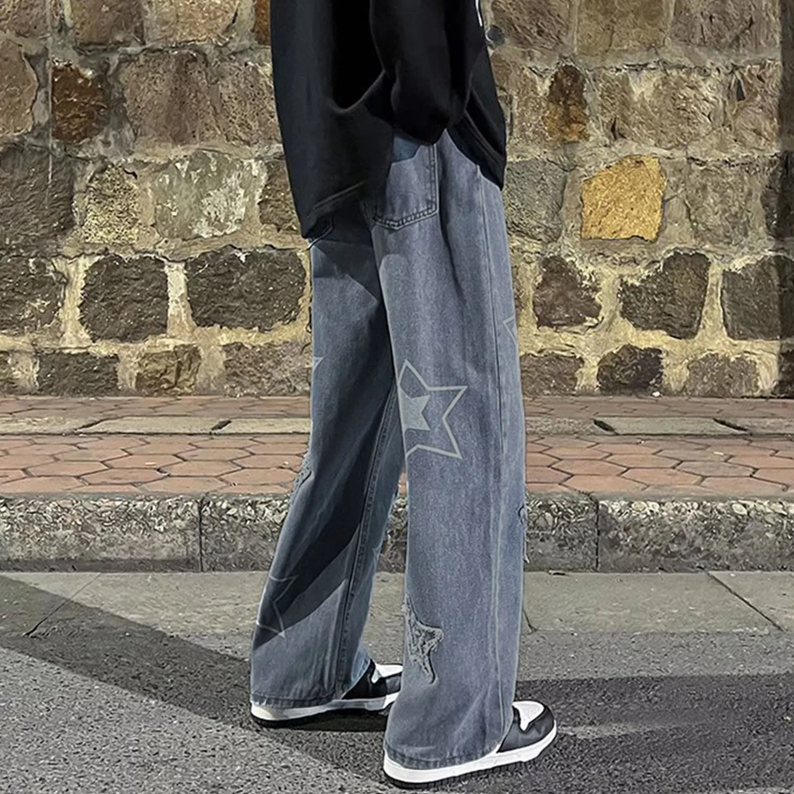 2024 New Fashion Star Embroidery Men's Jeans Y2K Vintage Hip Hop Pants Straight Trousers Floor Pants ropa hombre