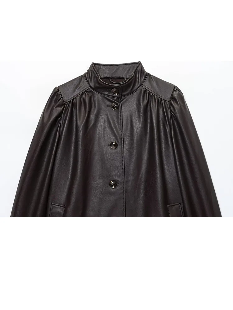 Hh mulher moda inverno estilo rua mangas compridas gola único breasted bolso decoração casaco feminino jaqueta de couro falso