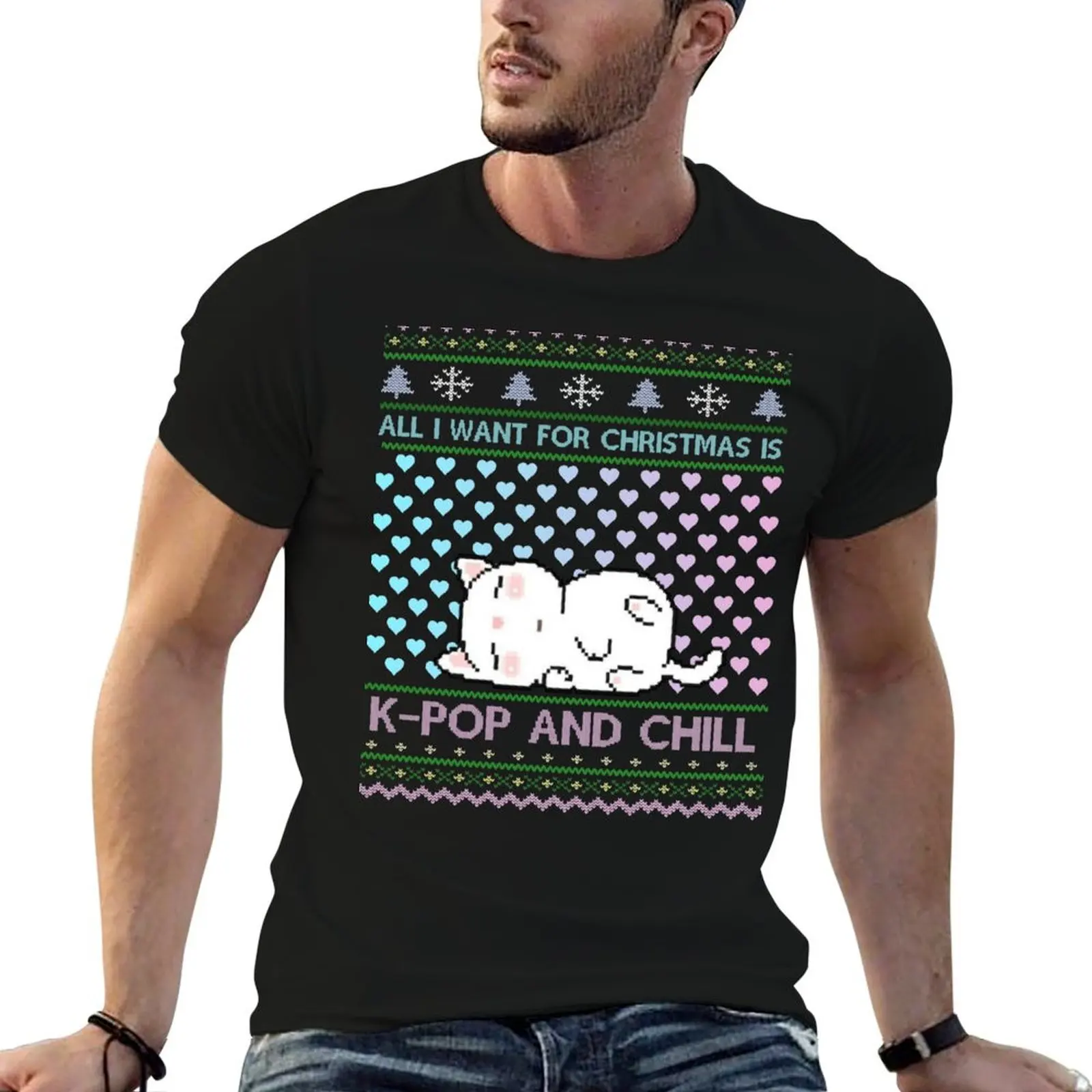 

KPOP AND CHILL - SARANGHAE I LOVE YOU K-POP K-DRAMA Ugly Christmas Sweater with Cute KAWAII Cat Cats and Heart Hearts Pa T-Shirt