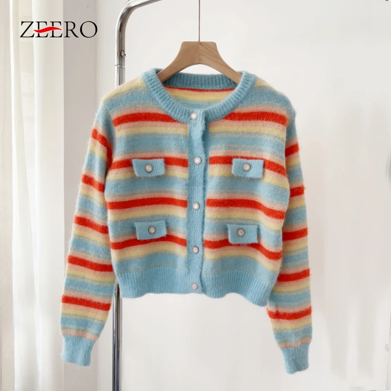 

Fall Winter Women Rainbow Striped Long Sleeve Mohair Knitted Cropped Cardigan Coat Female Casual Single-breasted Sweater Top