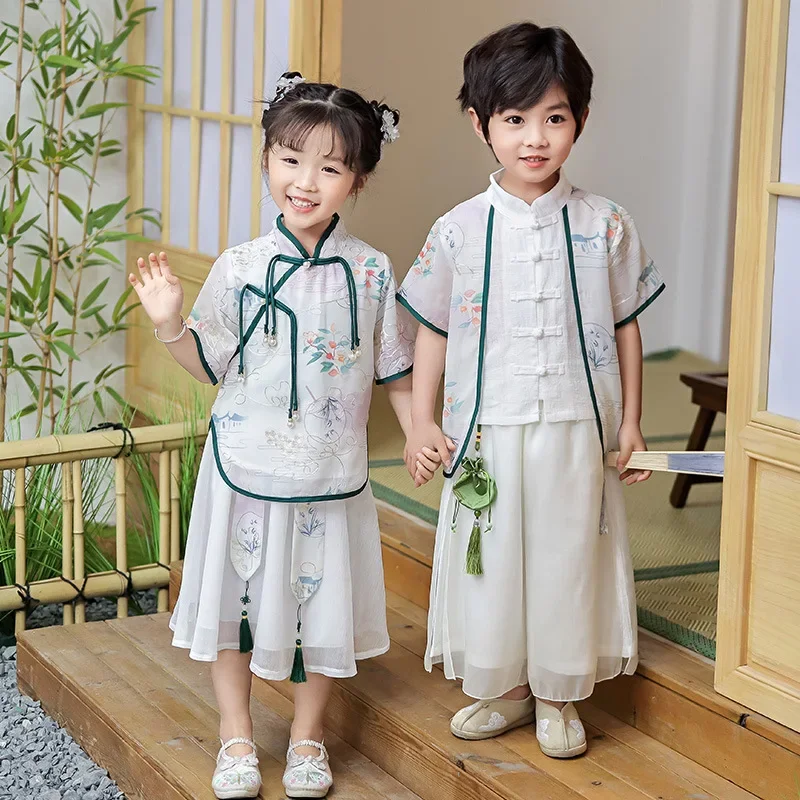 Vêtements traditionnels chinois Hanfu pour enfants, ensemble de olympiques Tang pour garçon, tenue d'été décontractée pour fille trempée, performance de mode