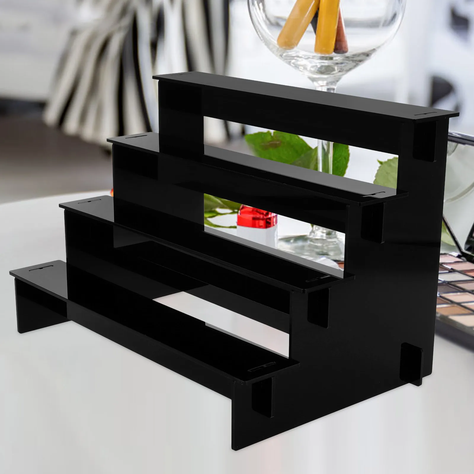 

4 Tier Black Perfume Organizer Acrylic Vanity Shelf for Skincare Lotion Makeup Display Countertop Accessories Storage Rack