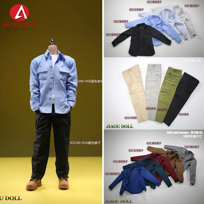 JO23M-05 1/6 Scale Male Plaid Shirt Stripes Shirt Solid Color Trousers Pants Clothes Model Fit 12'' Soldier Action Figure Body