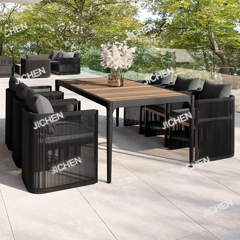 

Teak Dining Table Set Deluxe Modern Wooden Table Set European Outdoor Rope Dining Chair Set