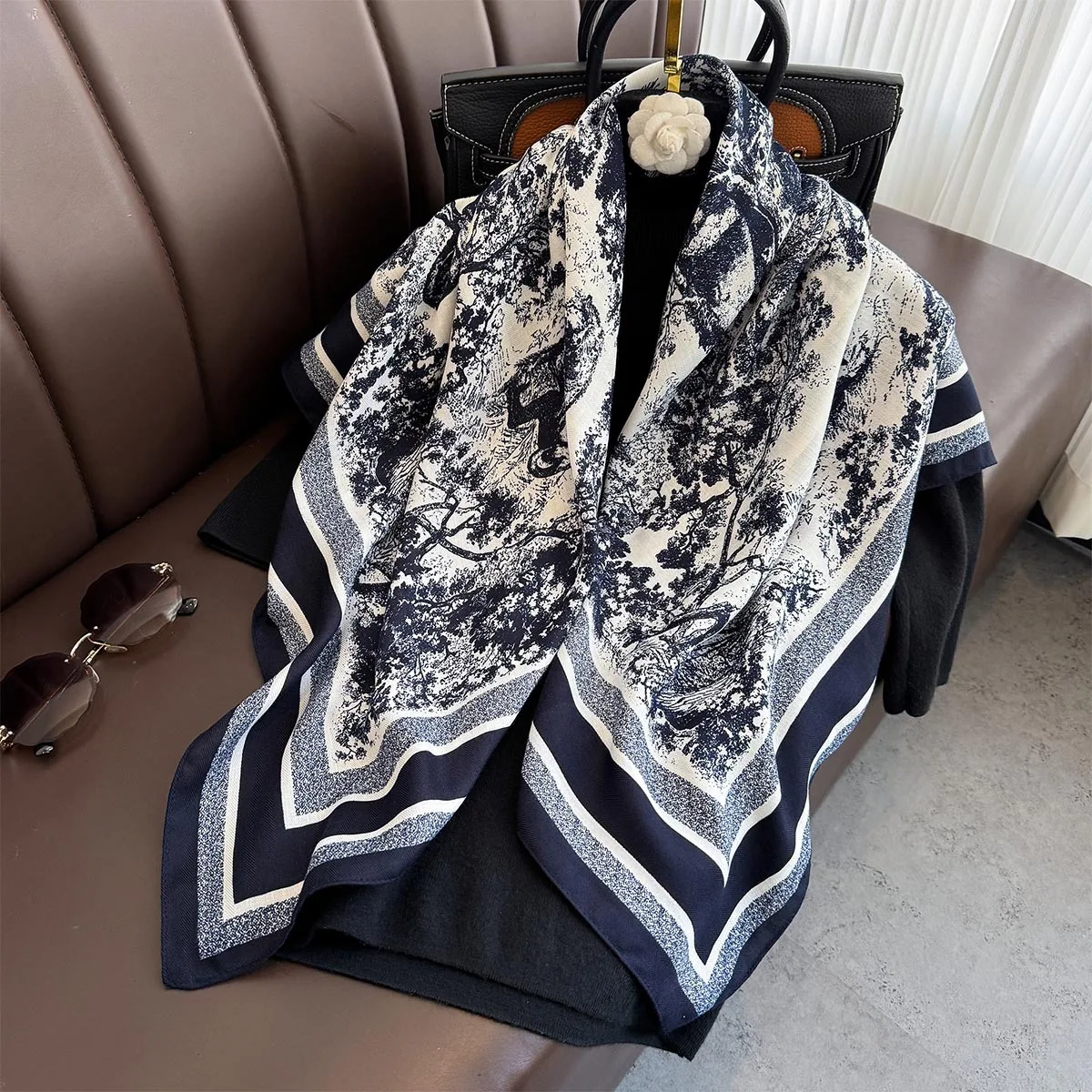 

90*90cm Summer Thin Square Scarf Women Imitation Silk Bandanas Luxury Beach Shawl Wraps Printed Hijab Neckerchief