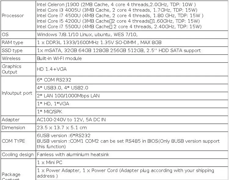 Intel Core I7-5500U I5-4200U Mini PC with 2xNIC LAN 6DB9 RS232 Support Linux Pfsense Computer for Industrial Windows10 Ready