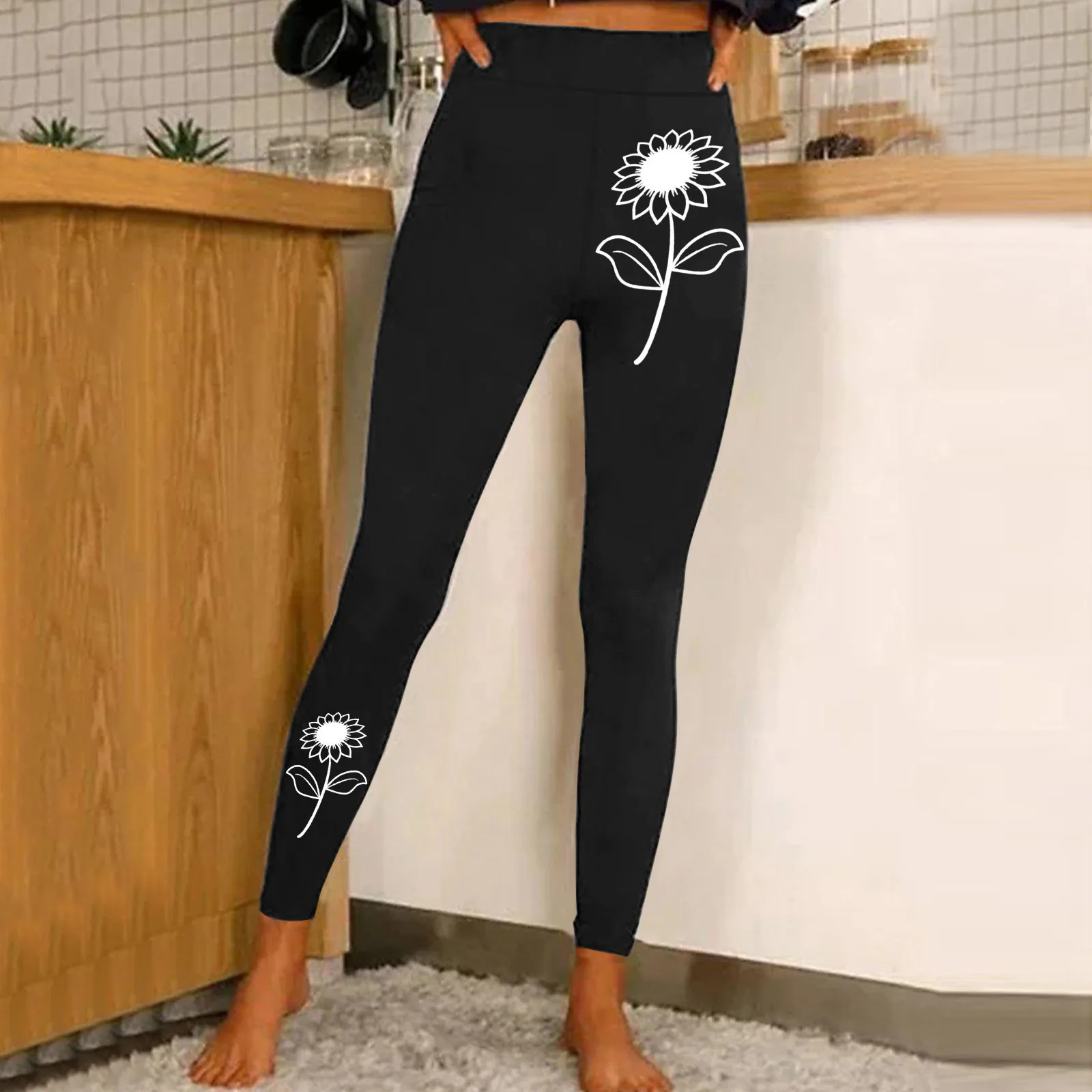 Women Casual Fashion Tight Sports Yoga Pants Flower Print Leggings Jogging Pants For Women Pocket Pants