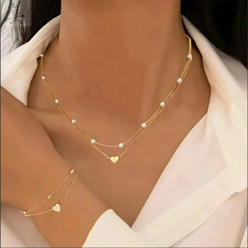 Fashion Imitation Pearl Heart Jewelry Set For Women Gold Silver Color Round Beads Necklace Bracelet Set Daily Wear Accessories