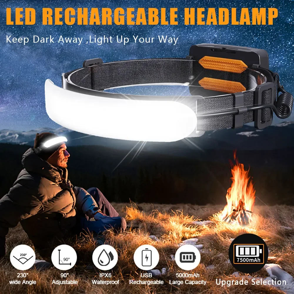 7500mah Rechargeable LED Headlamp with 230° Beam, 3 Modes, IPX6 Waterproof Head Flashlight for Camping Fishing Hard Hat Work