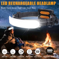 Linterna frontal LED recargable de 7500 mah con 230 °   Haz, 3 modos, linterna frontal impermeable IPX6 para trabajo con casco de pesca y acampada