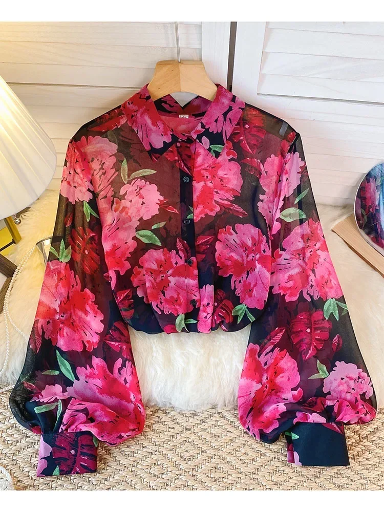 Women Spring Autumn Shirt Design Sense Tulle Floral Polo Collar Shirt Design Niche Lantern Sleeves Chic Loose Fitting Top D5500