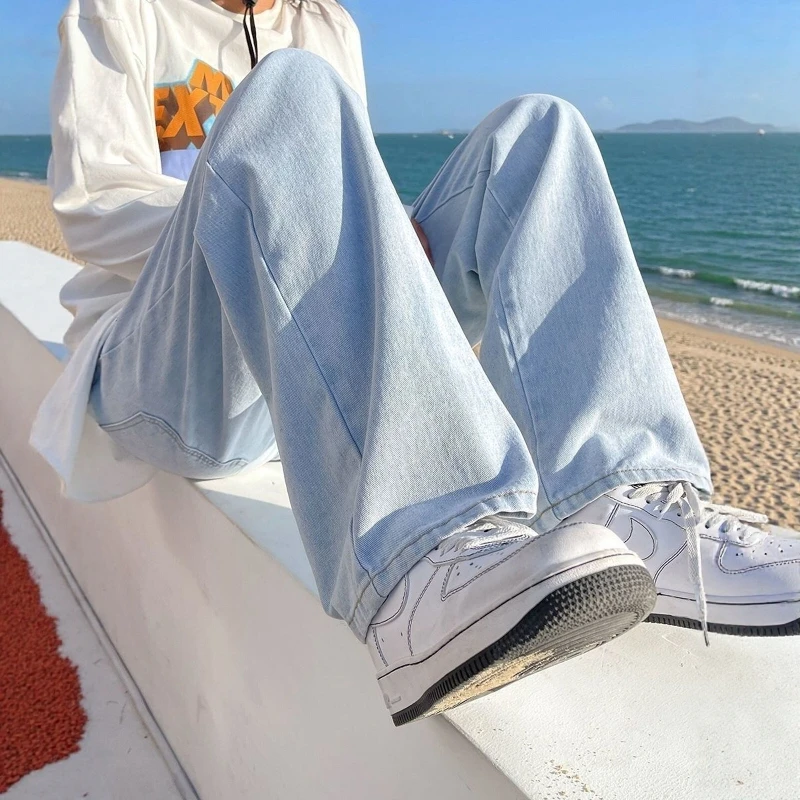 

Trendy Elastic Waist Men's Jeans Loose Straight Leg Pants Casual Summer Cotton Polyester Blend Wear Resistant Straight Cut