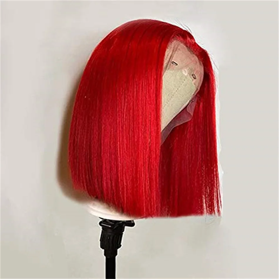 Wig Bob merah panas 13x4 Wig rambut manusia renda depan untuk wanita Wig Frontal lurus tulang Brasil warna merah renda 10 12 14 16 inci