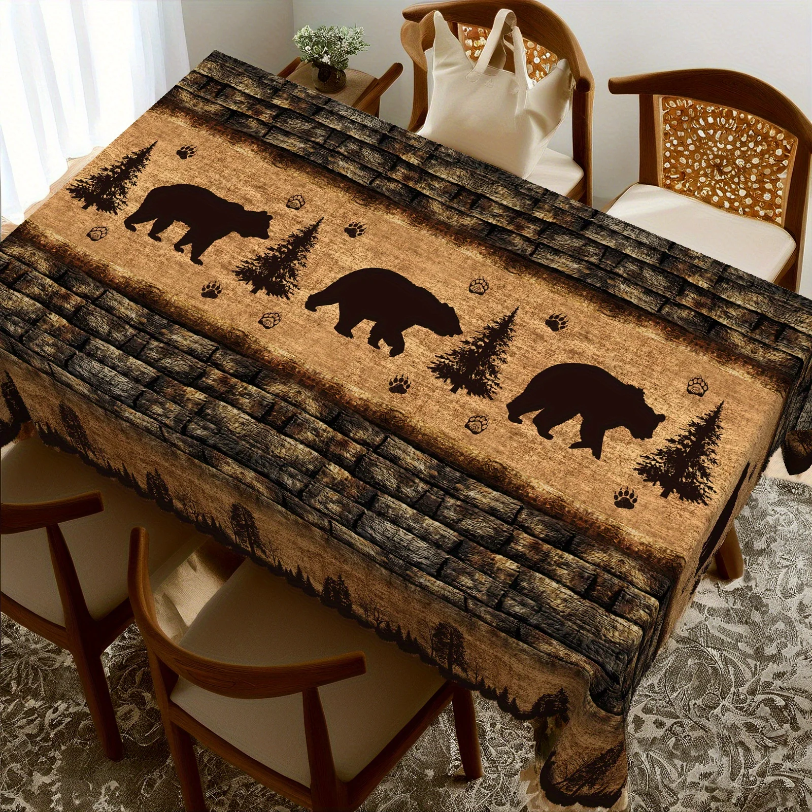 One simple bear and pine tree tablecloth with stone and brick background, made of polyester in round and rectangular shapes. - view 4