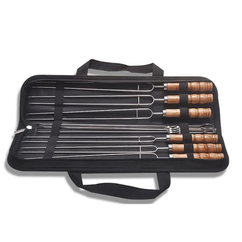【ELEVATE LIFE】10 PCS/Set Stainless Steel Wire BBQ Skewers Wood Handle Grill Roasting Sticks Outdoor Camping BBQ Tools Storage Ba
