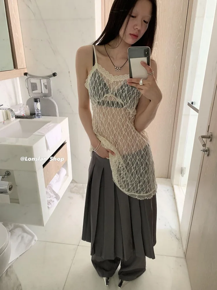 HOUZHOU Korean Style Lace Dress Beach Wear Women Y2k 2000s 2024 Sleeveless See Through Sexy Tank Tops Vintage Japanese Fashion