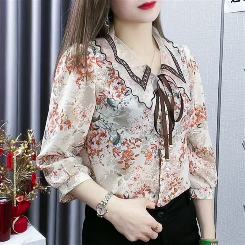 Vintage Floral Print Mesh Embroidery Lace Up Elegant Chic Ladies Tops Spring Summer Fashion Sweet Slim Blouse Shirt Women Blusas