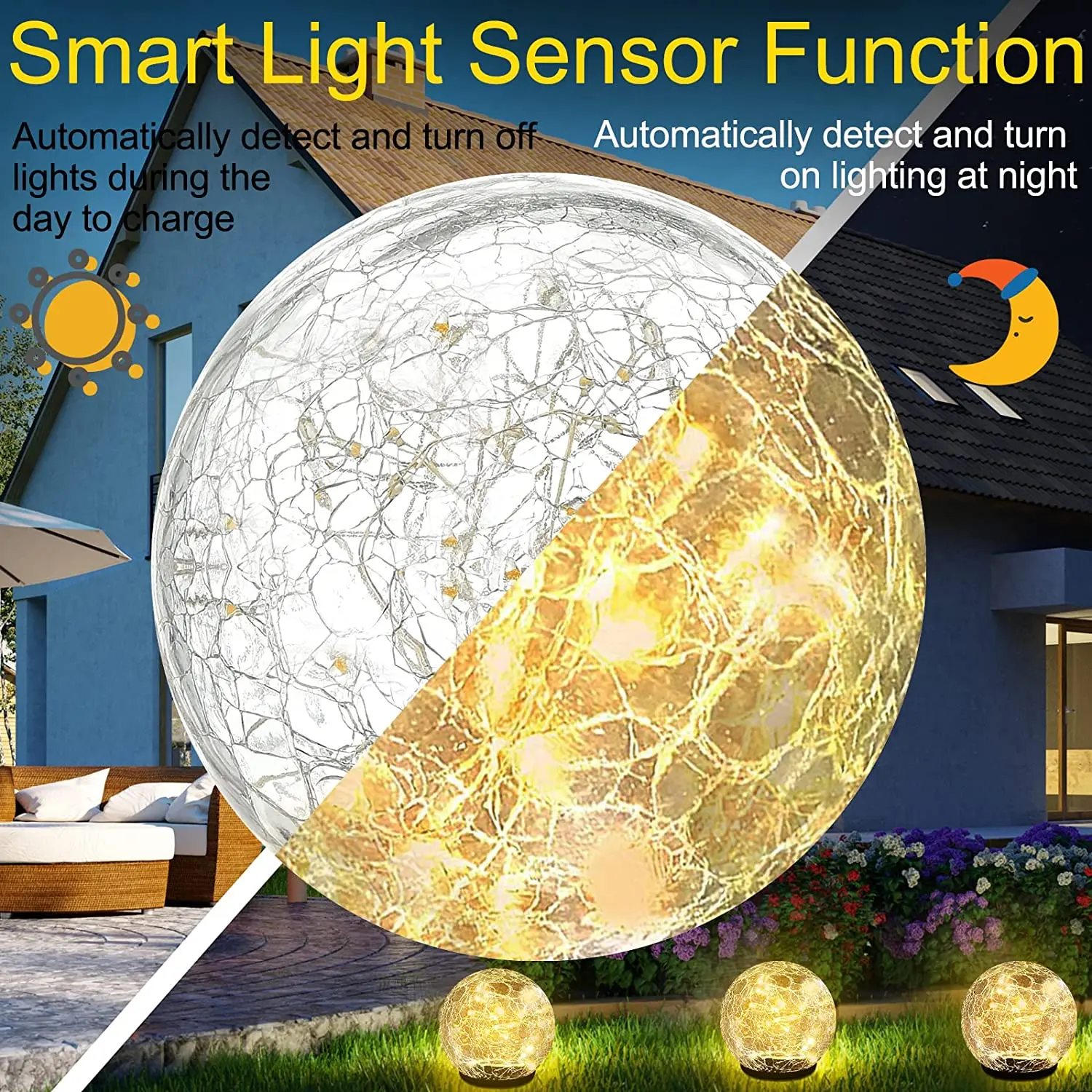 Garden Solar Lights Cracked Glass Ball Waterproof Warm White LED for Outdoor Decor Decorations Pathway Patio Yard Lawn