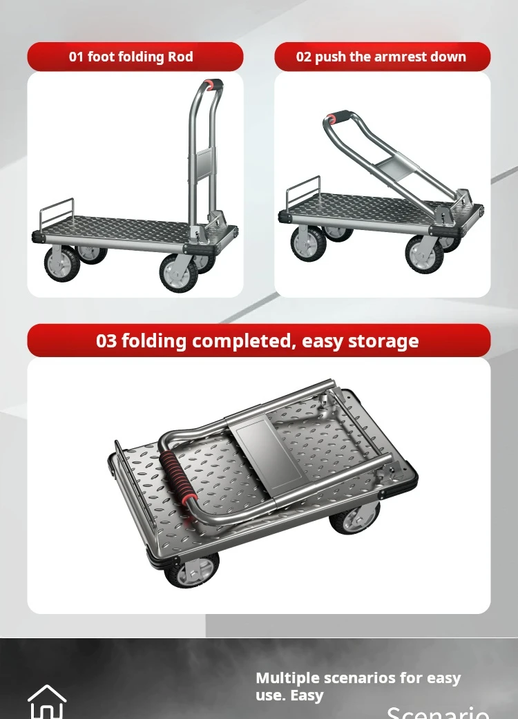 Steel Plate Trolley Household Flatbed Cart Portable Trailer Folding Handcart