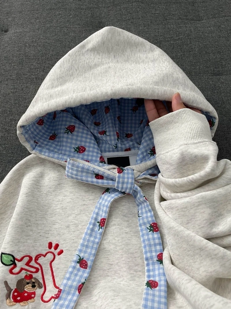

Kawaii мультфильм вышивка толстовки женские клетчатые лоскутные повязки с бантом толстовки с капюшоном осень зима свободные повседневные топы для ленивого ветра
