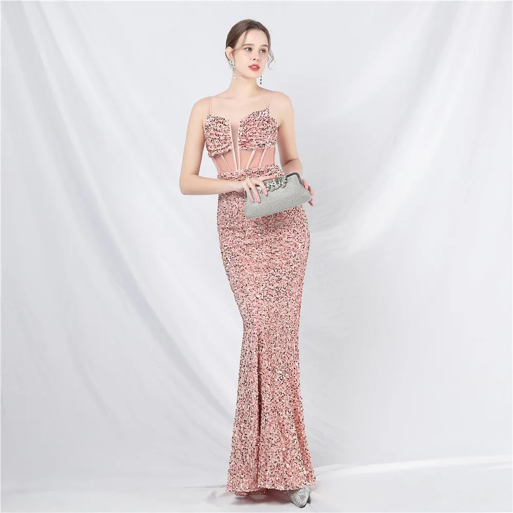 DEERVEADO Mermaid Strap V Neck Sequins Evening Dress for Woman Elegant Formal Party Maxi Dress for Speical Events Evening Gown