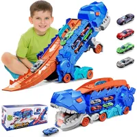 Transport Dinosaur Truck With Portable Foldable Sliding Race Track Transforms Into Standing T-rex With Alloy Die-cast Cars Gifts